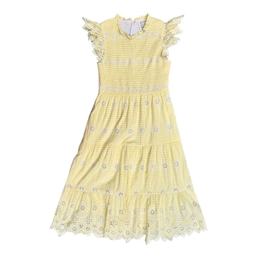 Sail to Sable Yellow Gingham Eyelet Tiered Midi Dress Cottagecore - S